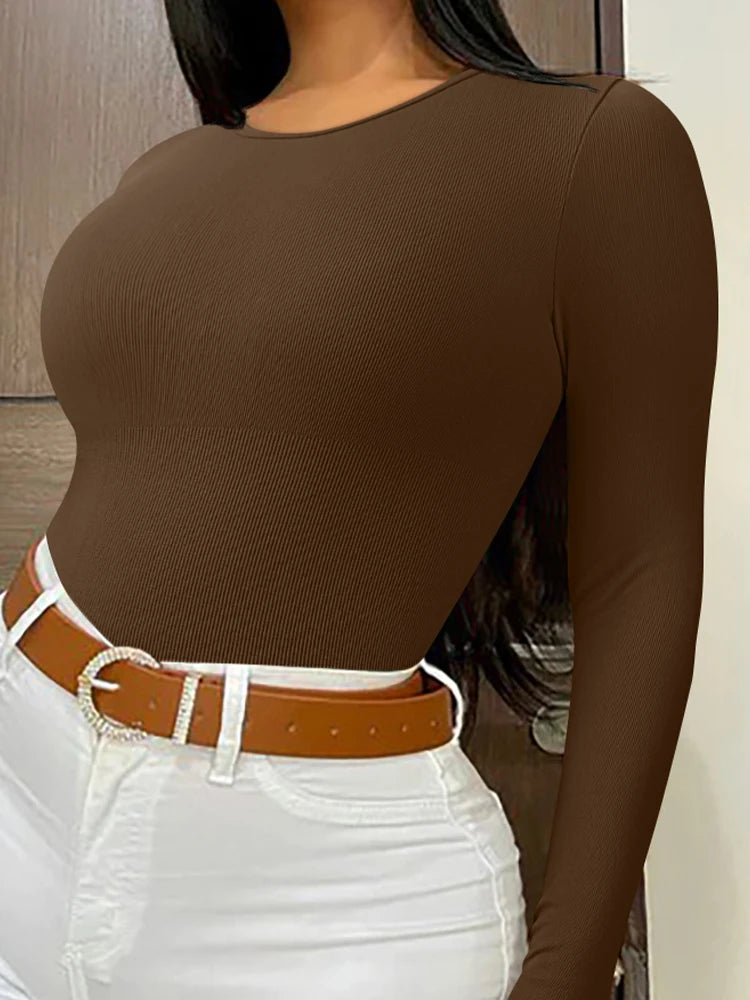 Long Sleeve Yoga Sports Bodysuits 2025 Autumn Solid Color Circular Collar Elastic Romper Sexy Women Jumpsuits