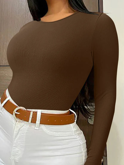 Long Sleeve Yoga Sports Bodysuits 2025 Autumn Solid Color Circular Collar Elastic Romper Sexy Women Jumpsuits
