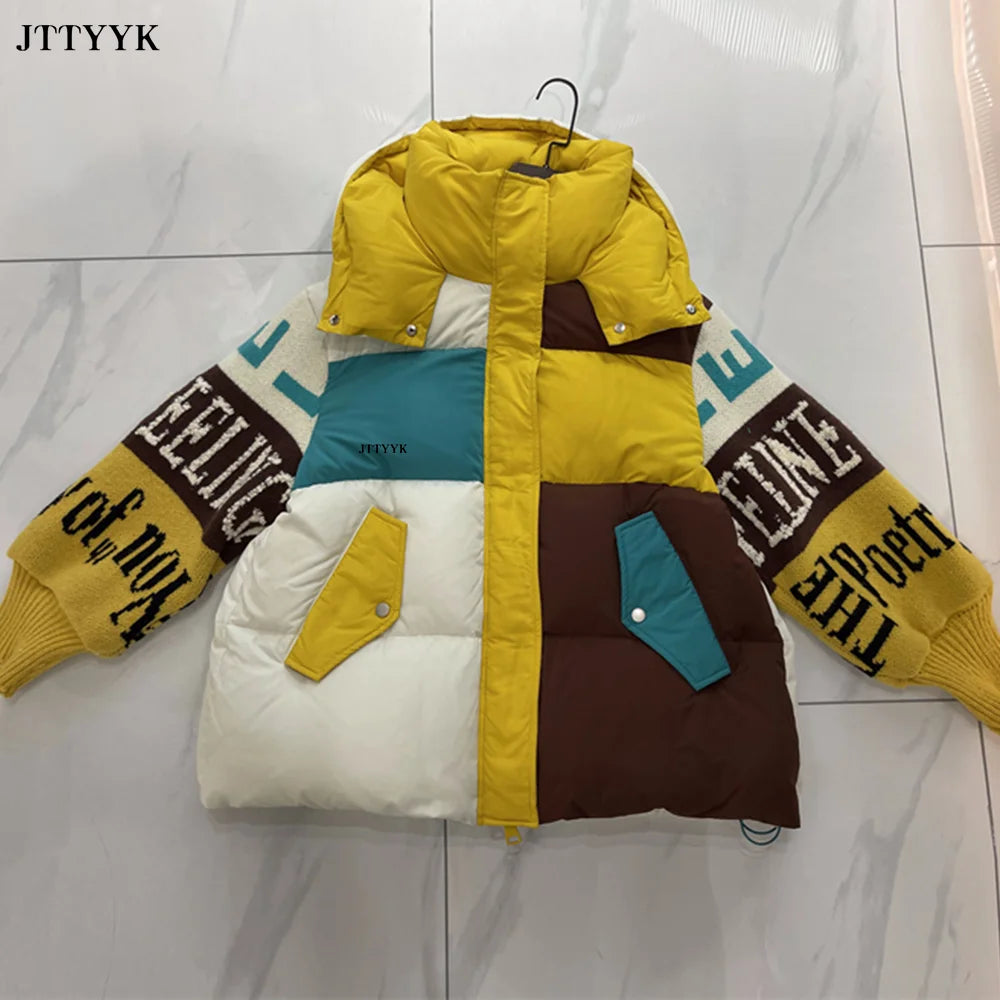 Streetwear Letter Stitching Fashion Down Jacket Women's New Hooded Parka Loose Winter Down Coat Female Thick Casual Warm Clothes