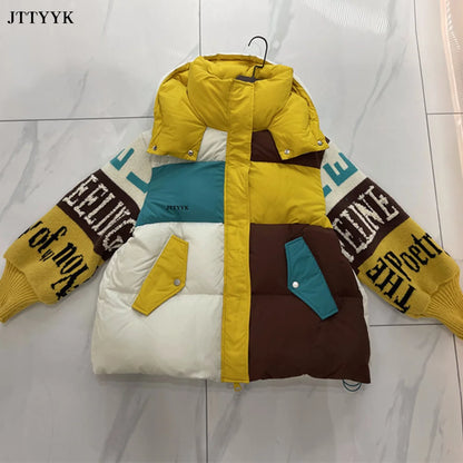 Streetwear Letter Stitching Fashion Down Jacket Women's New Hooded Parka Loose Winter Down Coat Female Thick Casual Warm Clothes