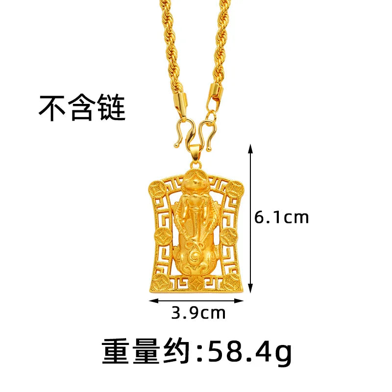 Business Simple Gold Swallowing Beast Square Pendant For Men And Women 24K Gold AU999, Calm Office Couple Accessory