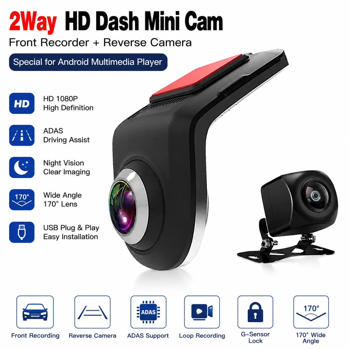 2Way HD Dash Mini Cam Car USB ADAS DVR Special for Android Multimedia Player AHD Camera Video Front Recorder Reverse Vision
