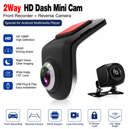 2Way HD Dash Mini Cam Car USB ADAS DVR Special for Android Multimedia Player AHD Camera Video Front Recorder Reverse Vision