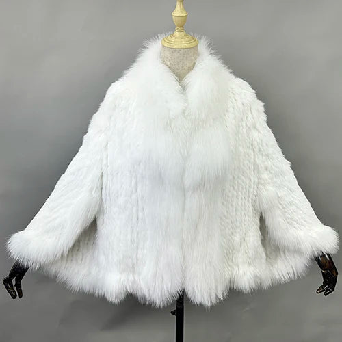 New Real Genuine Natural Knitted Rabbit Fur Shawl Coat With Fox Fur Collar Women's Fashion Knit Jacket Cape