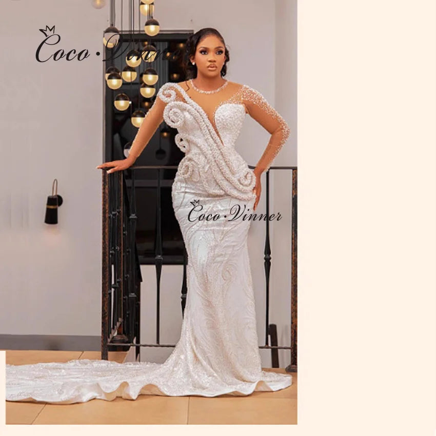 Customized Fashion Design Beaded Pearls Mermaid Wedding Dress Luxury 2026 Sheer Neck Chapel Train Mermaid Bride Dresses W1527