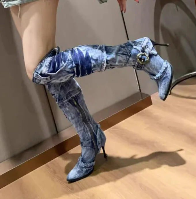 Washable jeans Eyelet Belt Denim Knee Boots Autumn Thin High Heels Side Pocket Frazzle Cowboy Woman Boots Knight Botas Shoes