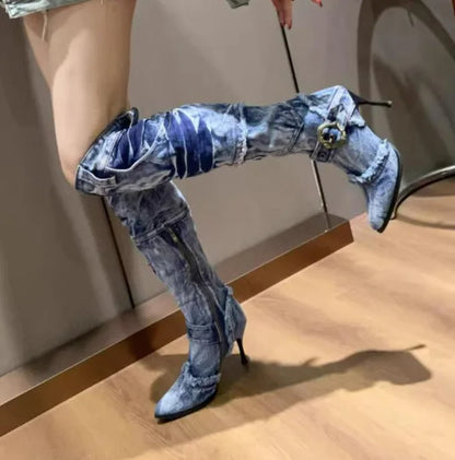 Washable jeans Eyelet Belt Denim Knee Boots Autumn Thin High Heels Side Pocket Frazzle Cowboy Woman Boots Knight Botas Shoes
