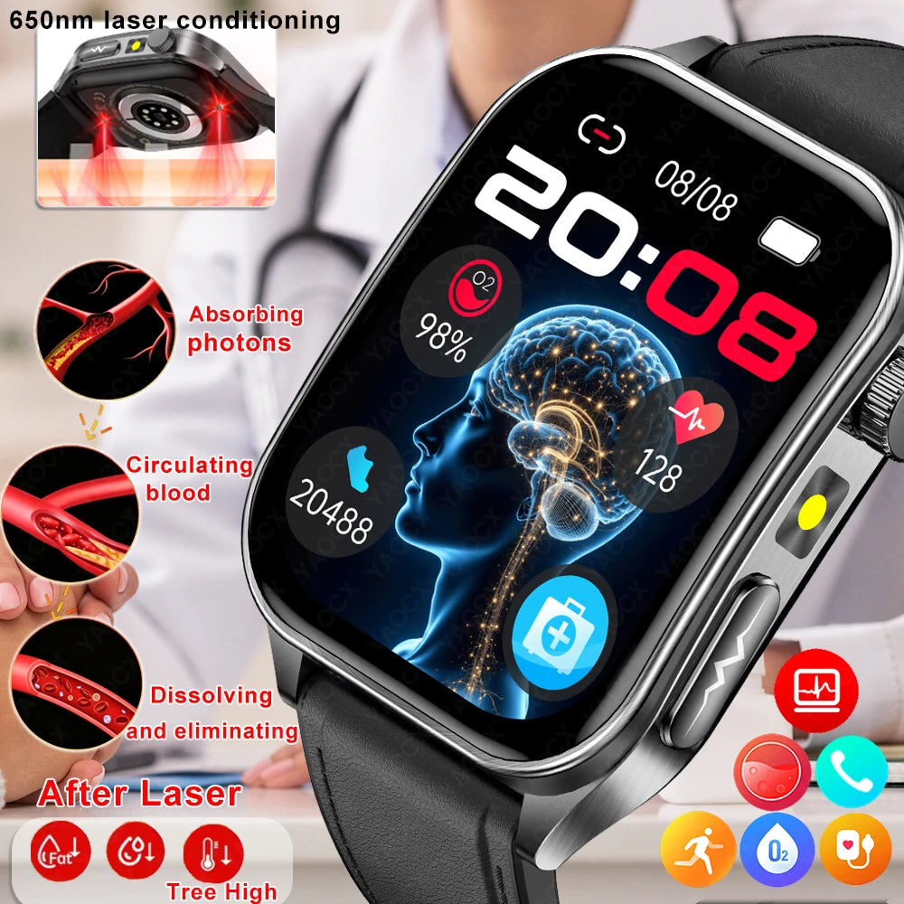2026 New 650nm Laser Medical Grade Health Smartwatch Men ECG Blood Pressure Lipid Bluetooth Call Smart Watch For Android IOS
