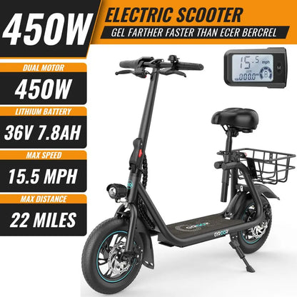 GYROSHOES Adult Electric Scooter with Seat – 450W Motor, 15-Mile Range, 16 MPH, 12" Tires, Rear Basket, UL2272 Certified, Adjustable Seat for Commuting & Errands