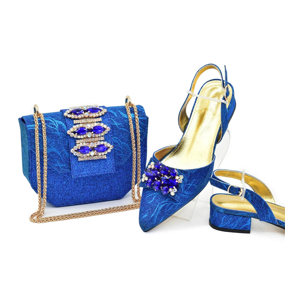 Latest Party Shoes and Bags To Match for Nigerian Elegant Luxury Low Heels Pointed Toe Rhinestone Shoe and Bag Set for Wedding