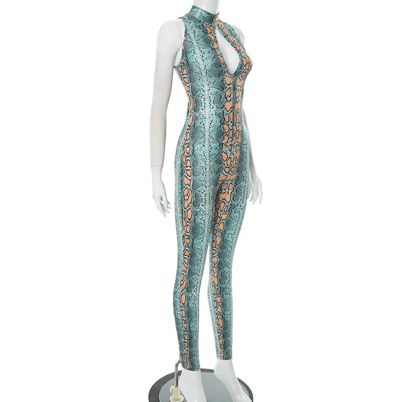 Snake Print Hollow Out Long Jumpsuit Women Summer Sleeveless Bodycon Sexy Romper for Woman