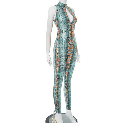 Snake Print Hollow Out Long Jumpsuit Women Summer Sleeveless Bodycon Sexy Romper for Woman