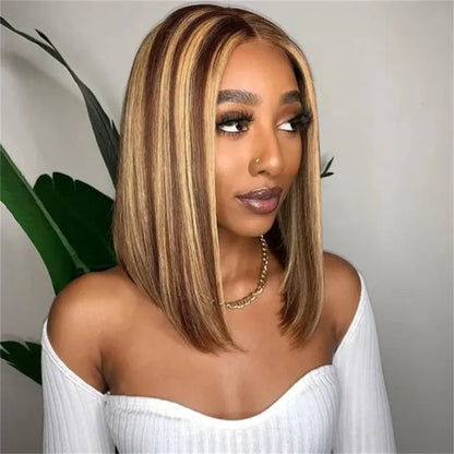 Highlight 13x4 Lace Front Bob Wig Human Hair P4/27 Honey Blonde Straight Bob Wig Human Hair Pre Plucked with Baby Hair