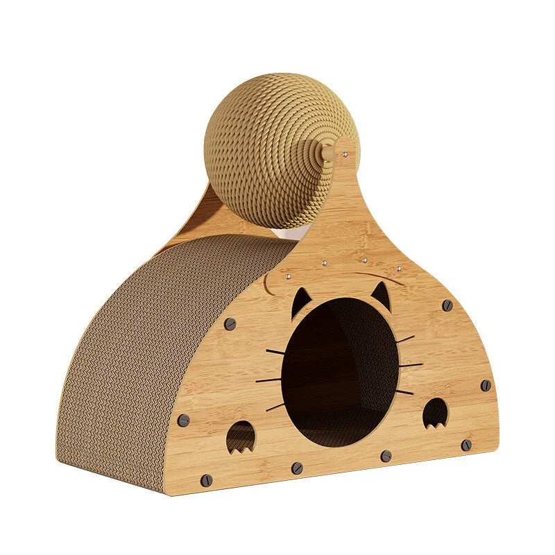 2-in-1 Cat Scratcher &   Cozy Bed - Durable Cardboard Lounge Bed with Hanging Toys