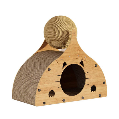 2-in-1 Cat Scratcher &   Cozy Bed - Durable Cardboard Lounge Bed with Hanging Toys