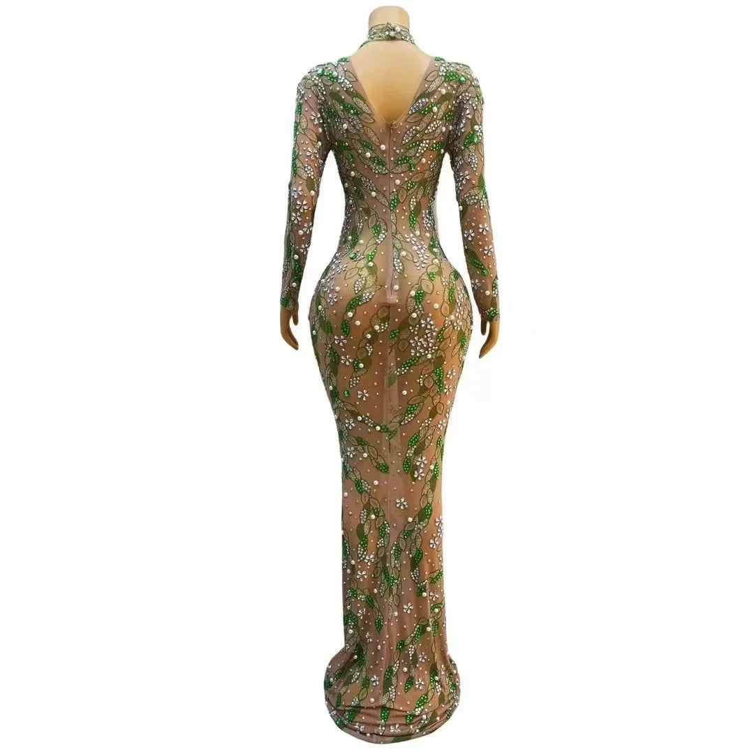 Spring Leaves Green Rhinestones Evening Party Long Dress Singer Celebrity Sexyransparent Sleeveless Model Catwalk Costume