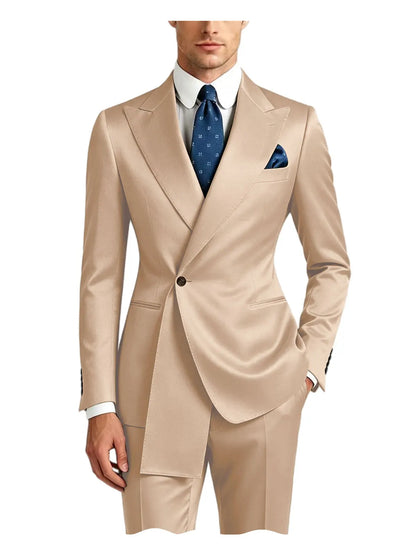 Men's Satin Peak Lapel Tuxedo 2-Piece Suit High Quality Slim Fit One Button Formal Blazer & Pants Luxury Wedding Dinner Suits