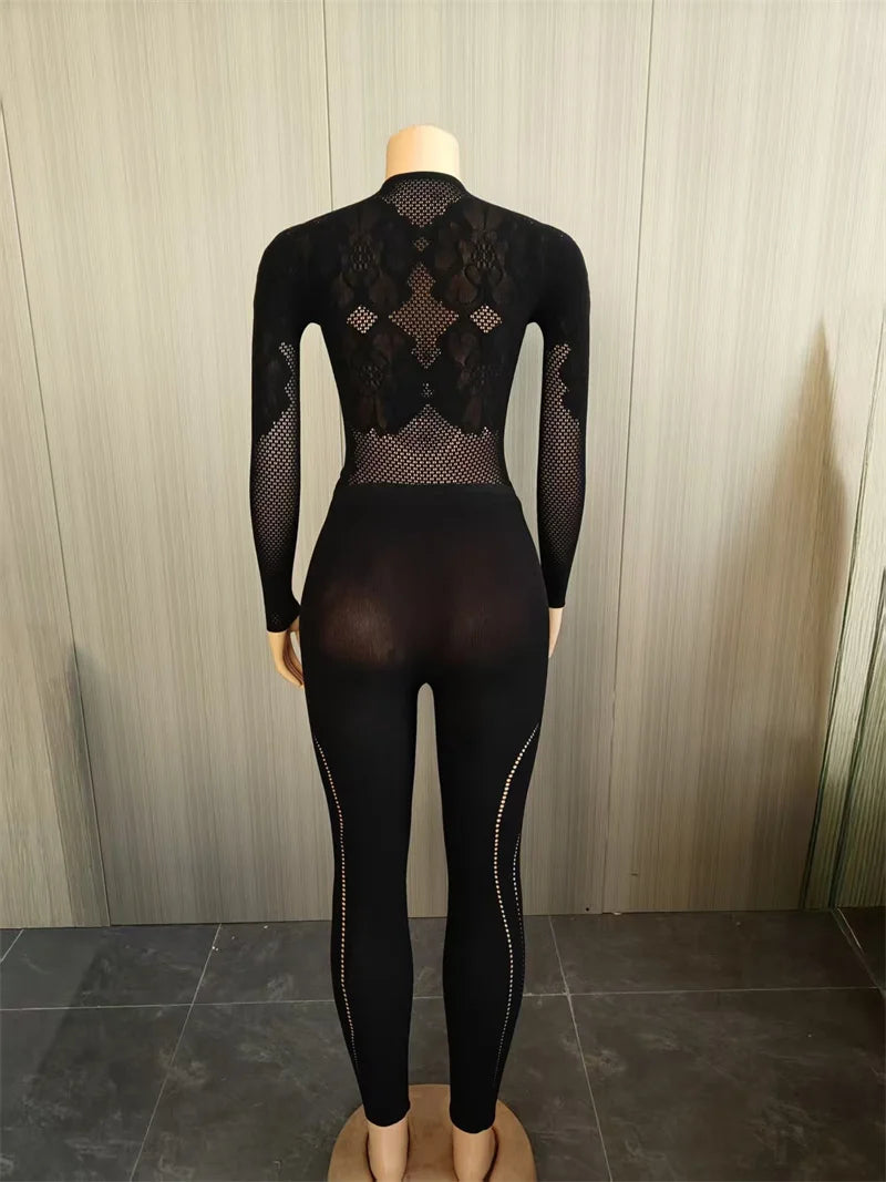 Doyerl Black Bodycon Rompers and Jumpsuits for Woman Long Sleeve See Through Mesh Patchwork Skinny One Piece Catsuit Overalls