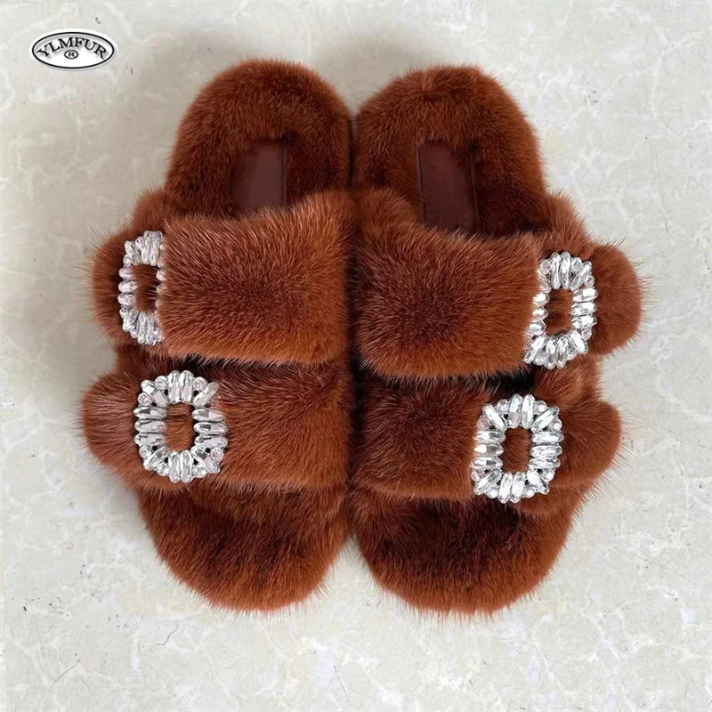 2025 New Women Fur Slippers Shoes Women Warm Winter Crystal Fur Shoes For Women Slippers Casual Plush Comfortable Mink Slippers