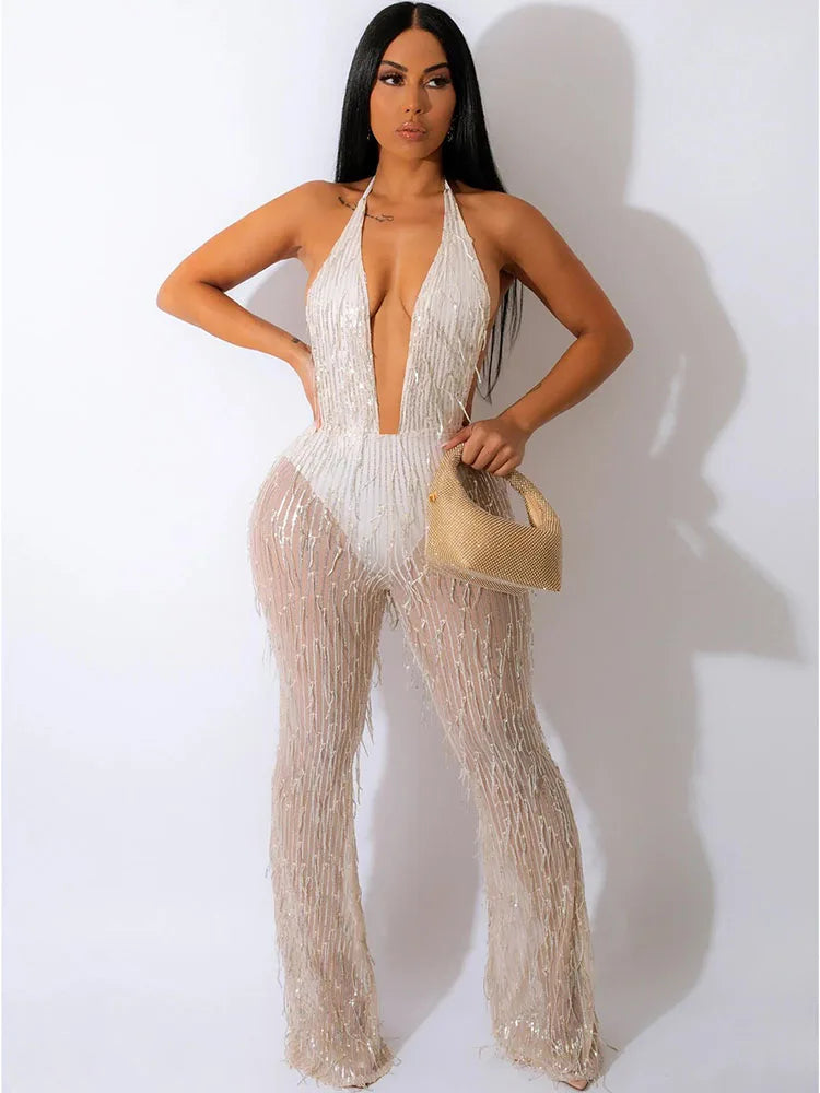 Sexy Glitter Tassel Sequin Rompers Womens Jumpsuit Nightclub Party Halter Backless Overalls Mesh Sheer Patchwork Wide Leg Romper