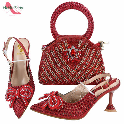 Purple Color New Arrivals Italian Design Nigerian Women Shoes and Bag Set Pointed Toe Slipper with Shinning Crystal for Party