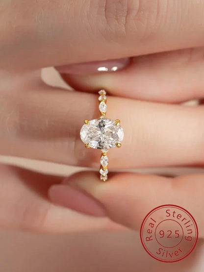 925 Sterling Silver Zircon Golden Oval Round Fashionable Ring For Women Engagement Wedding Luxury High Quality Fine Jewelry