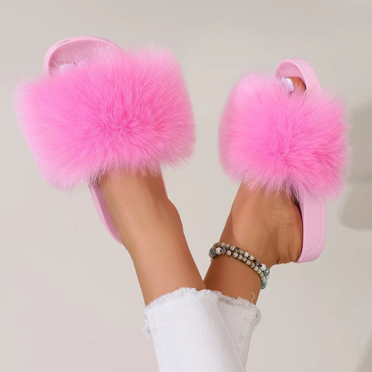 Fashion Fox Fur Slides Women Luxury Designer Summer Sandals Ladies Furry Lazy Slippers Fluffy Flip Flops Shoes Plus Size Shoes