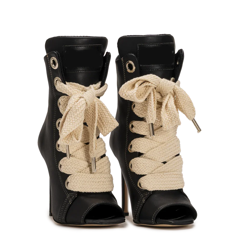 Peep Toe Corss Tied Patchwork Ankle Boots Sexy Square Toe Thick Heel New Arrivals Fashion Women Runway Shoes