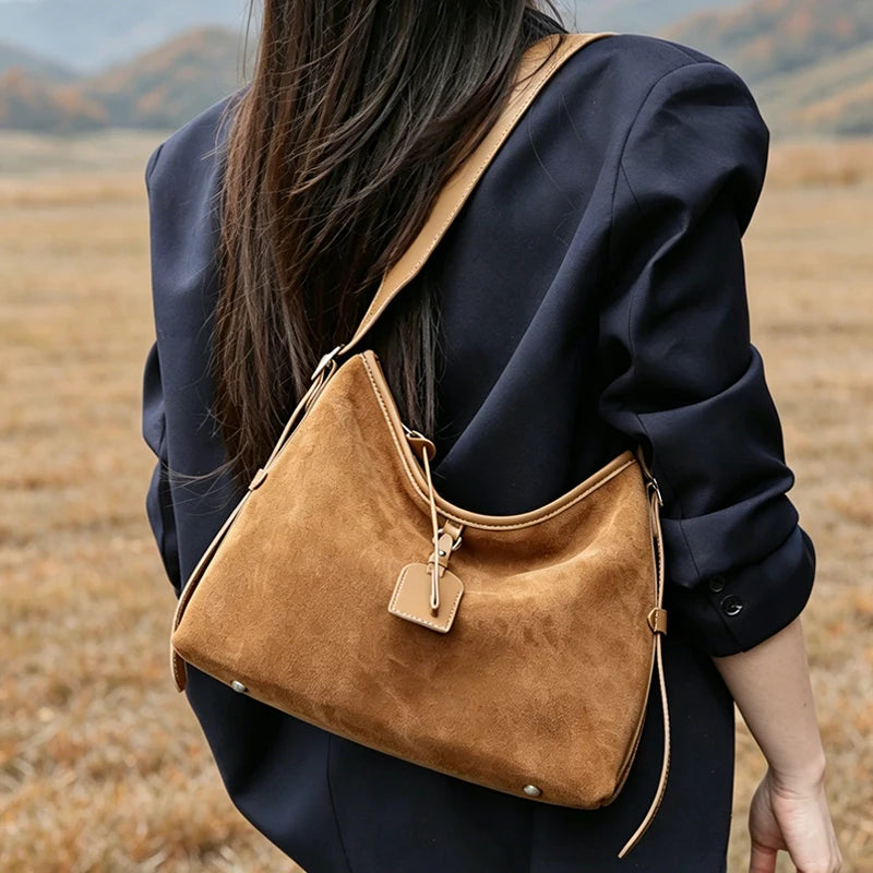 Winter Women's Natural Suede Leather Classic Underarm Bag Female Soft Cowhide Durable Handbags Ladies Luxury Designer Bags
