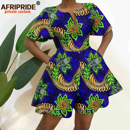2026 African Clothes for Women Short Sleeve High Waist Print Jumpsuit Casual Cotton Summer Outfits Rompers Playsuits A2329001