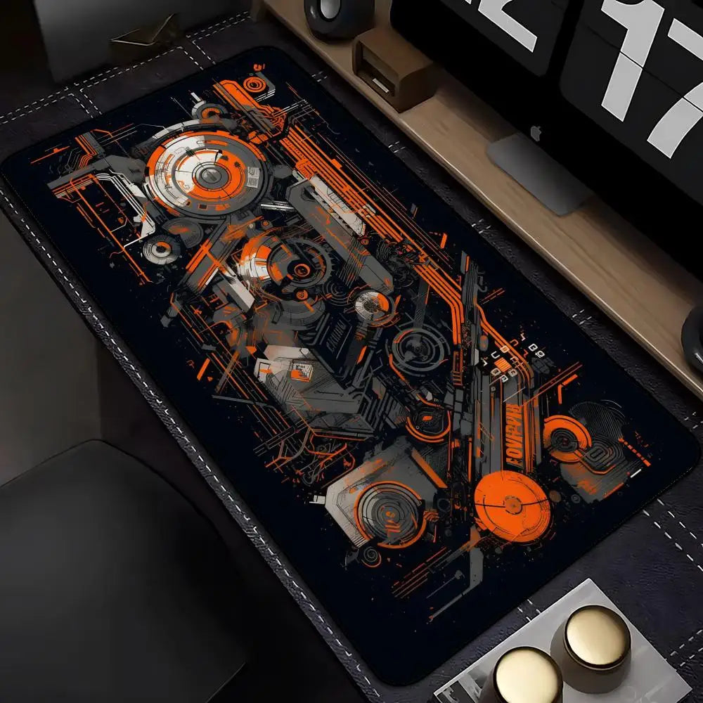 Large Gaming Mouse Pad Desk Mat Keyboard Pad Orange Circuit Gear Cyberpunk Mechanical Tech NonSlip XXL Mousepad Tech Enthusiasts