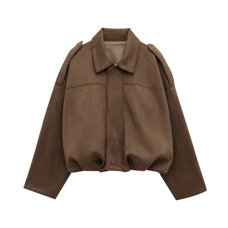 MUJER Faux Suede Bomber Jackets for Women Zip Oversized Jacket Woman Outerwears Padded Varsity Jackets Streetwear Women's Coats