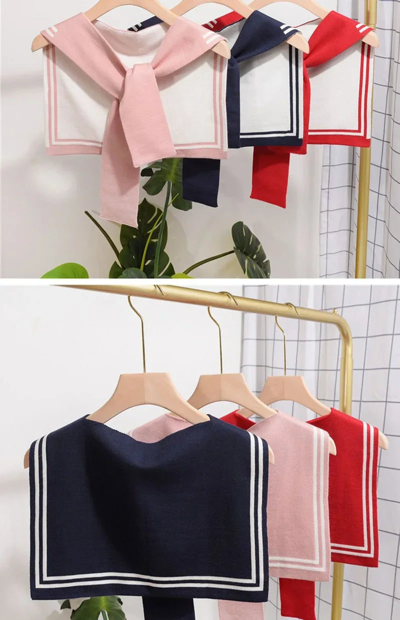 Korean College Navy Stripe Wool Knit Shoulder Cape Knotted Warm Overlapping Shawl Women Summer Neck Scarf T56