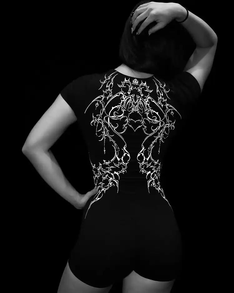 Gothic Square Neck Fitness Women's Quick-Drying Bodysuit with Elastic Short Sleeve and Built-in Chest Pads