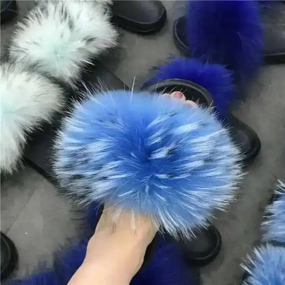 Real Raccoon Fur Slippers For Women 2026 Summer Fluffy Indoor House Fuzzy Flat Slides Outdoor Fashion Beach Sandals Flip Flops