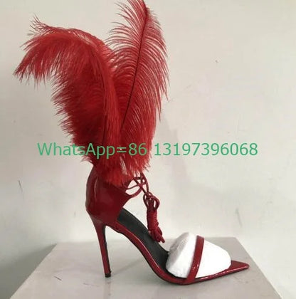 Lady fur sexy black feather design lace up high heels open toe T show sandals solid elegant pumps banquet footwear party shoes