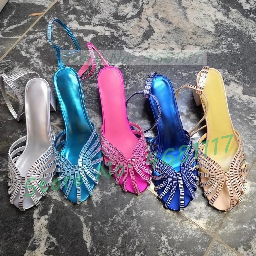 Crystal Caged Mid Block Heel Satin Sandals Women Metallic Leather Luxury Feminine Shoes Ladies Summer Ankle Strap Evening Shoes