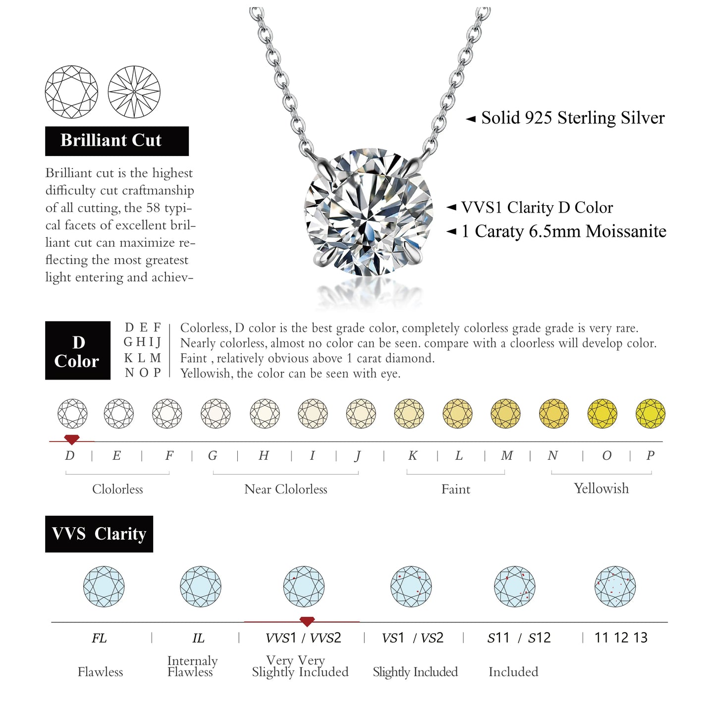 ATTAGEMS Necklace For Woman Pendant Moissanite Diamond 6.5mm 1CT 925 Silver Necklace For Women Chains Party Bridal Fine Jewelry