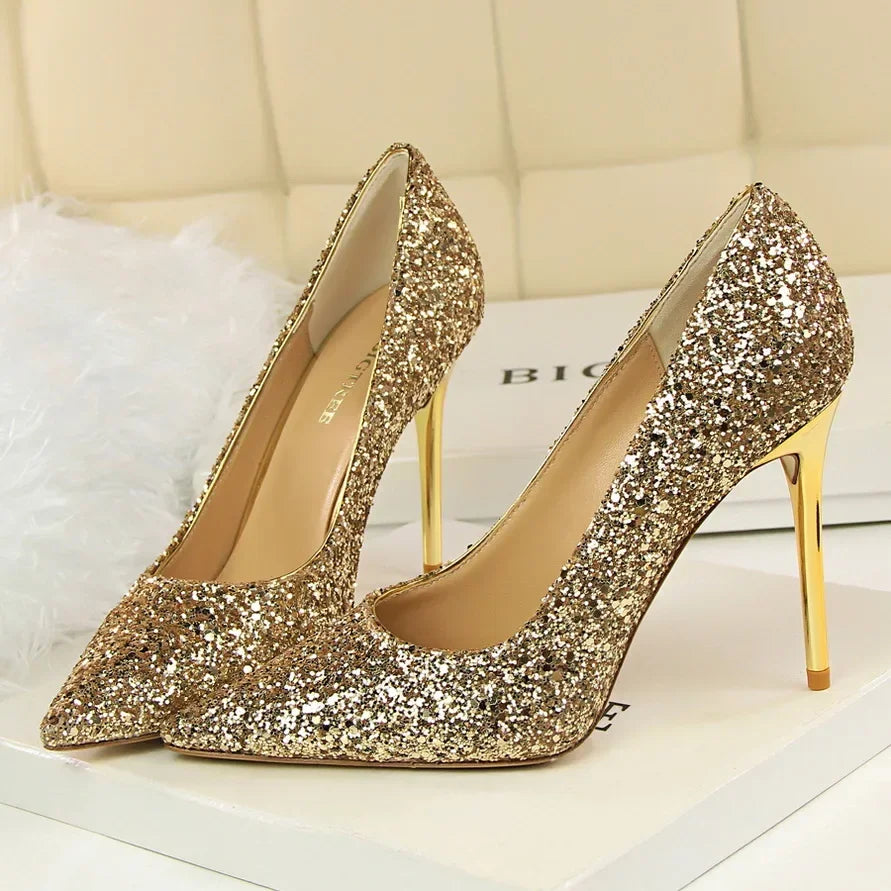 Women Luxury Bling Red  Blue Valentine Party Scarpins Pumps Lady Glitter Sequins 7cm 9.5cm High Heels Designer Shoes Plus Size
