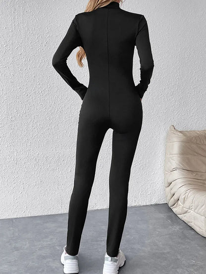 Autumn New Women's Jumpsuits Fashion Streetwear Long Sleeves Half High Collar Zippers Bodycon Rompers Black Sexy Lady Jumpsuits