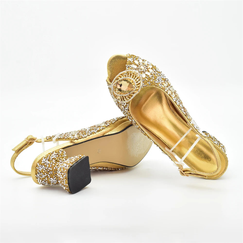 Italian Shoes and Bags Matching Set with Rhinestone Nigerian Women Shoes and Bag Set with Appliques Full Crystal for Dress
