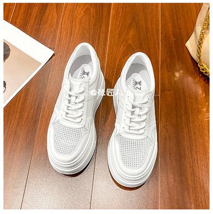 10-14cm Chunky Sneakers Women Platform Shoes Elevator Shoe White Mesh Breathable Sneakers Real Leather Increasing Shoes