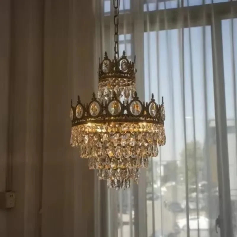 Modern Luxury Chandelier LED Crystal Vintage French Pendant Lamps for Living Dining Table Room Golden Crown Lighting Home Deocr