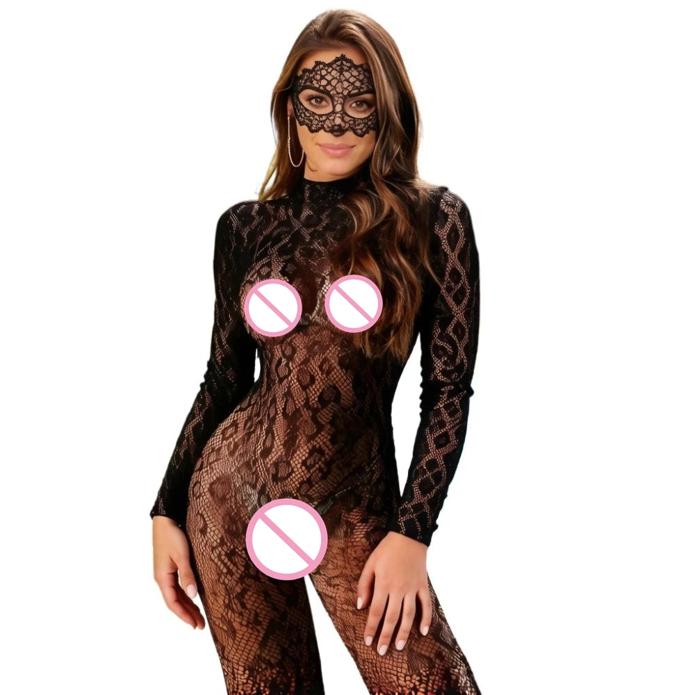 Women Lingeries Leopard Vintage Fashion Lace Up Suits Black Sexy Slim Bodysuits Jumpsuit Streetwear Long Sleeve Backless Bodycon
