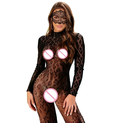Women Lingeries Leopard Vintage Fashion Lace Up Suits Black Sexy Slim Bodysuits Jumpsuit Streetwear Long Sleeve Backless Bodycon