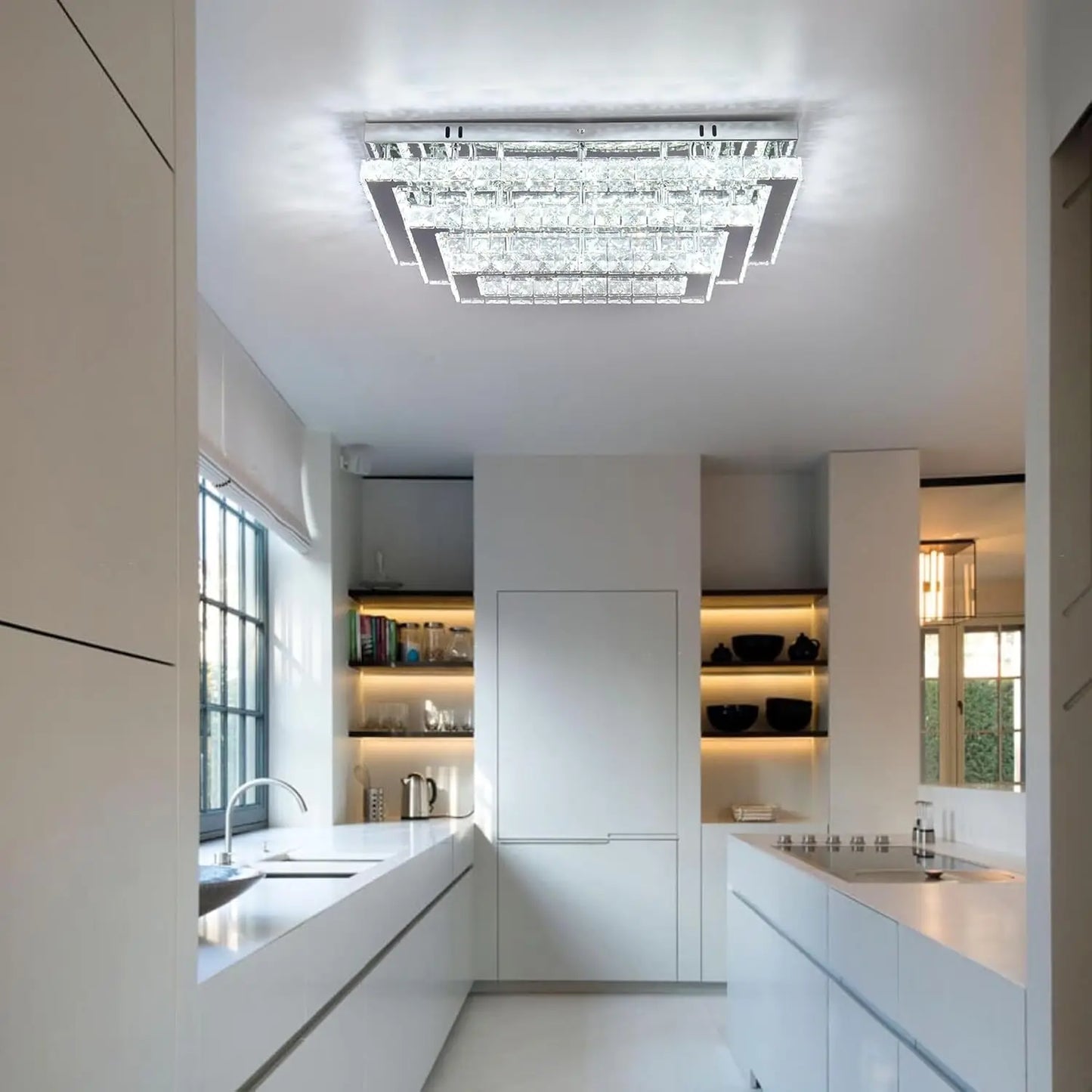 Modern Crystal LED Ceiling Light Fixture 20” Rectangular Flush Mount Chandelier Ceiling Lights 3-Tiers Stainless Steel Ceiling L