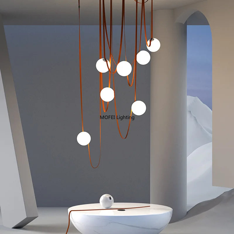 Nordic Leather Chandelier Italian Leather Belt Duplex Staircase Living Room Hotel Restaurant Decoration LED Lamps Pendant Lights