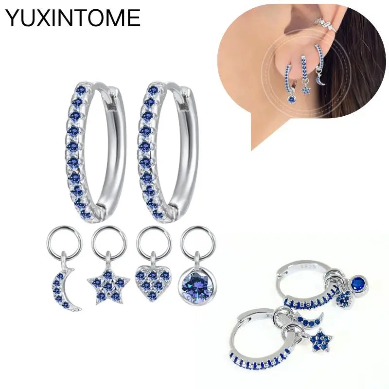 925 Sterling Silver Needle Dark Blue Crystal Silver Earrings Women's Exquisite Heart Blue Pendant Hoop Earrings Luxury Jewelry