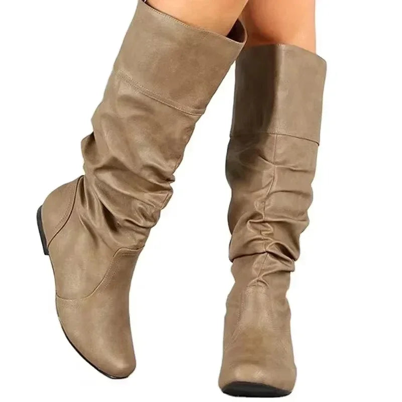 2025 New Women Flat Boots Fashion Pleated Leather Boots Autumn Winter Slip on Mid-Calf Shoes for Women Brand Designer High Boots