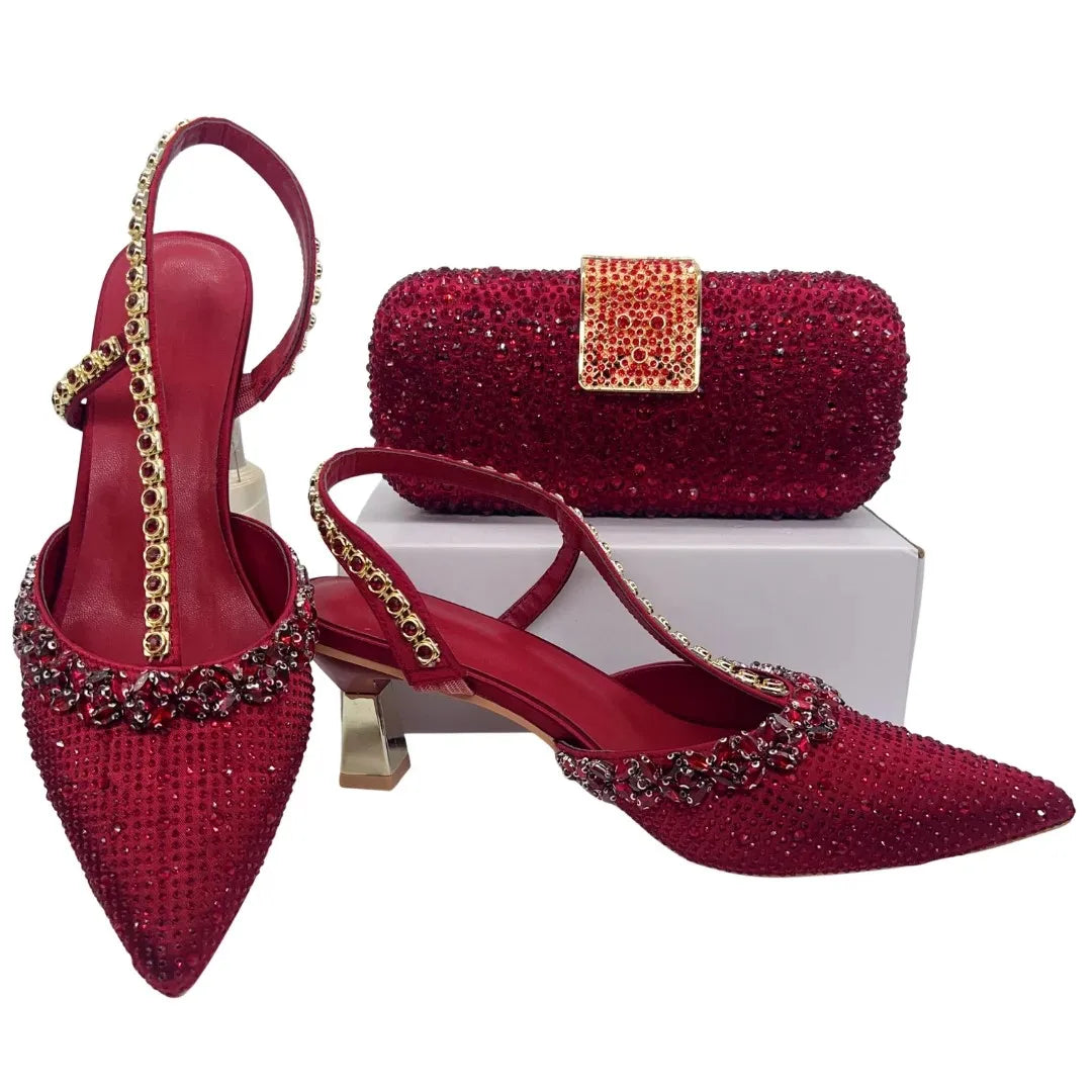 Insightlink Luxury Red Rhinestone Slingback Heels Bow Clutch Set Pointed Toe Shoes for Women Wedding Party Banquet Formal Event
